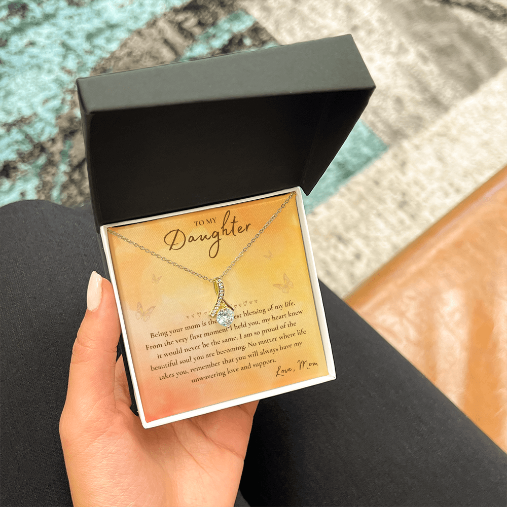 To My Daughter Necklace from Mom – Heart Pendant with Message Card in Soft Touch or Luxury Mahogany Box (Perfect Birthday, Graduation, or Christmas Gift)