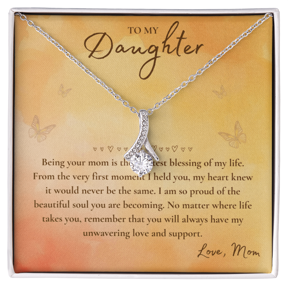 To My Daughter Necklace from Mom – Heart Pendant with Message Card in Soft Touch or Luxury Mahogany Box (Perfect Birthday, Graduation, or Christmas Gift)