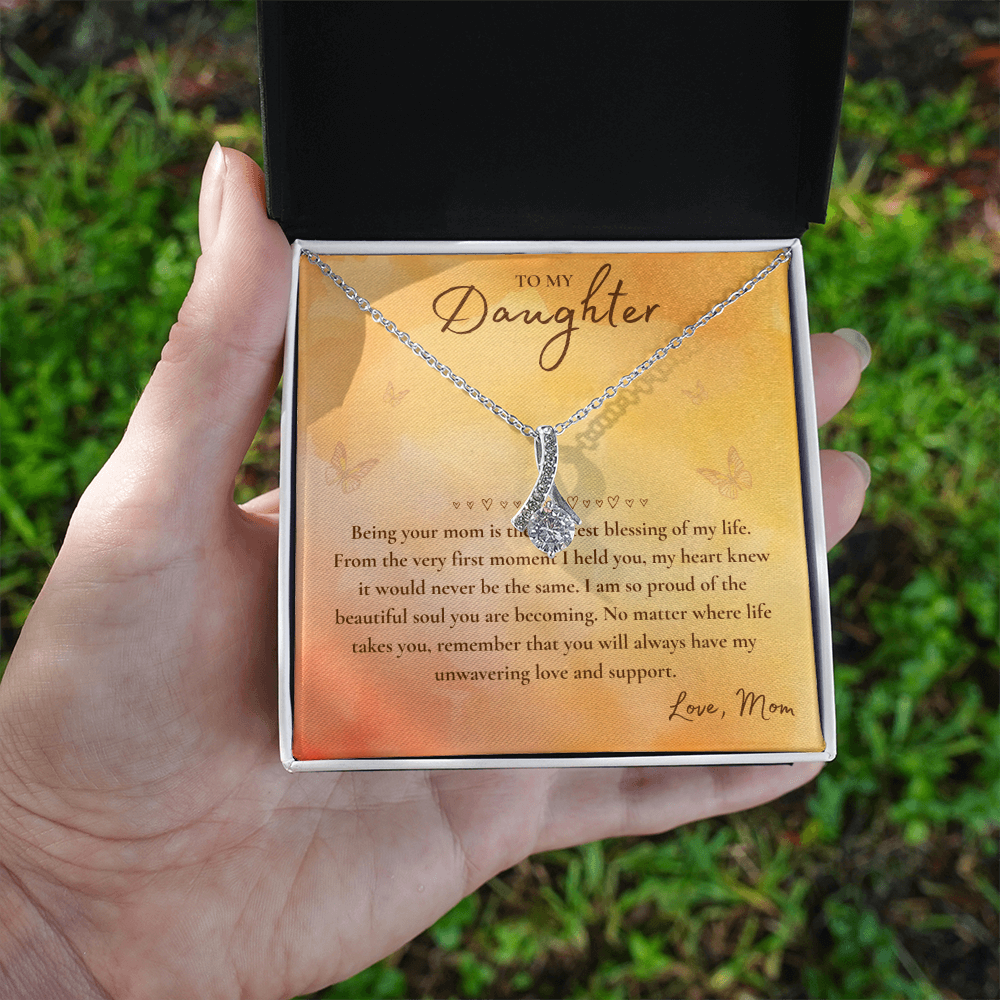 To My Daughter Necklace from Mom – Heart Pendant with Message Card in Soft Touch or Luxury Mahogany Box (Perfect Birthday, Graduation, or Christmas Gift)