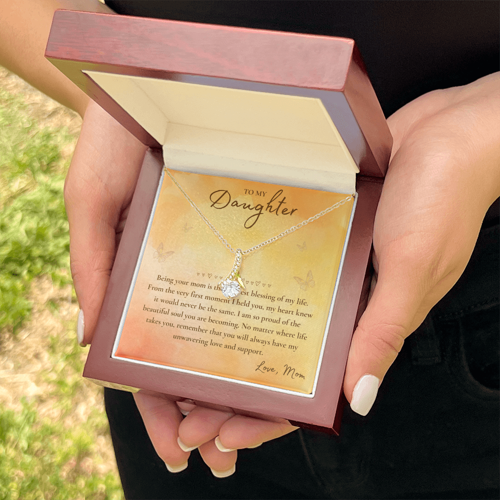 To My Daughter Necklace from Mom – Heart Pendant with Message Card in Soft Touch or Luxury Mahogany Box (Perfect Birthday, Graduation, or Christmas Gift)