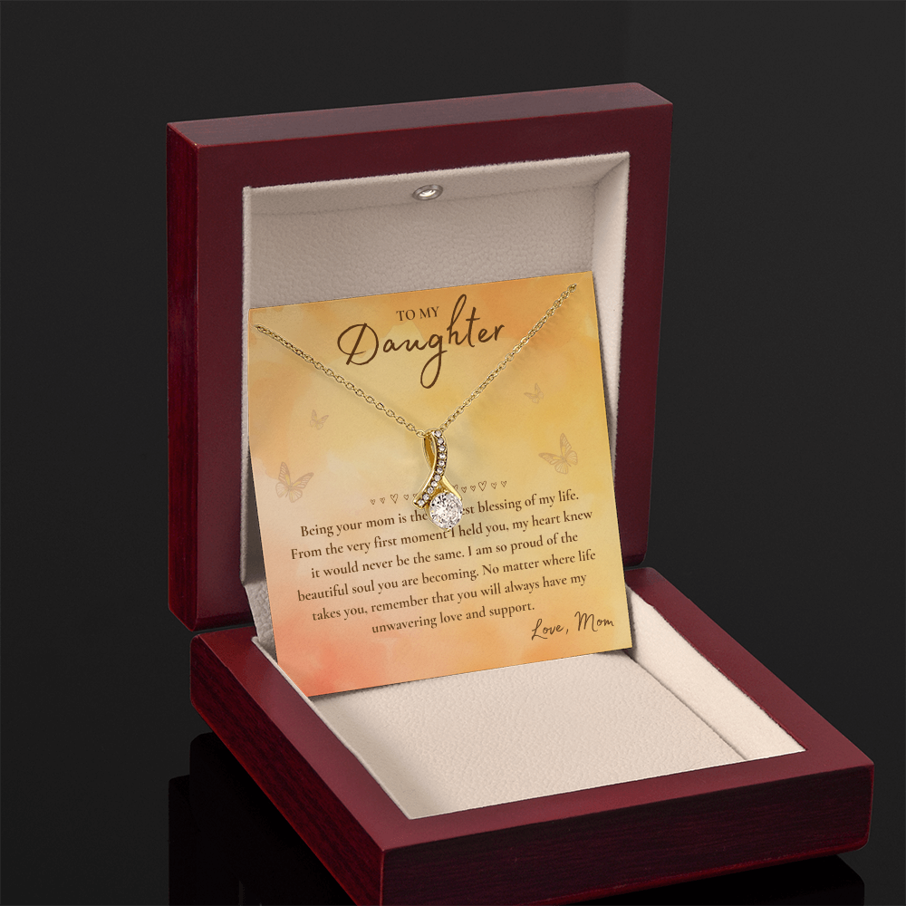 To My Daughter Necklace from Mom – Heart Pendant with Message Card in Soft Touch or Luxury Mahogany Box (Perfect Birthday, Graduation, or Christmas Gift)