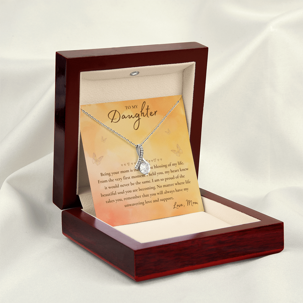 To My Daughter Necklace from Mom – Heart Pendant with Message Card in Soft Touch or Luxury Mahogany Box (Perfect Birthday, Graduation, or Christmas Gift)