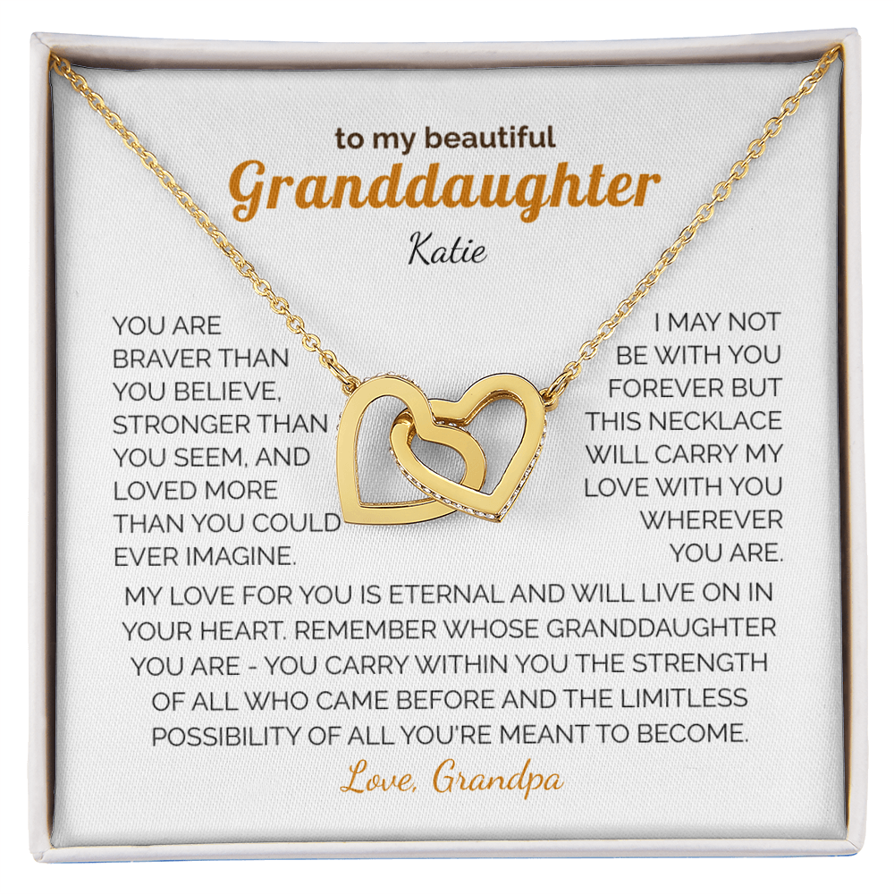 Personalized Granddaughter Gift Necklace - Interlocking Hearts Necklace with Message from Grandma or Grandpa (white card)