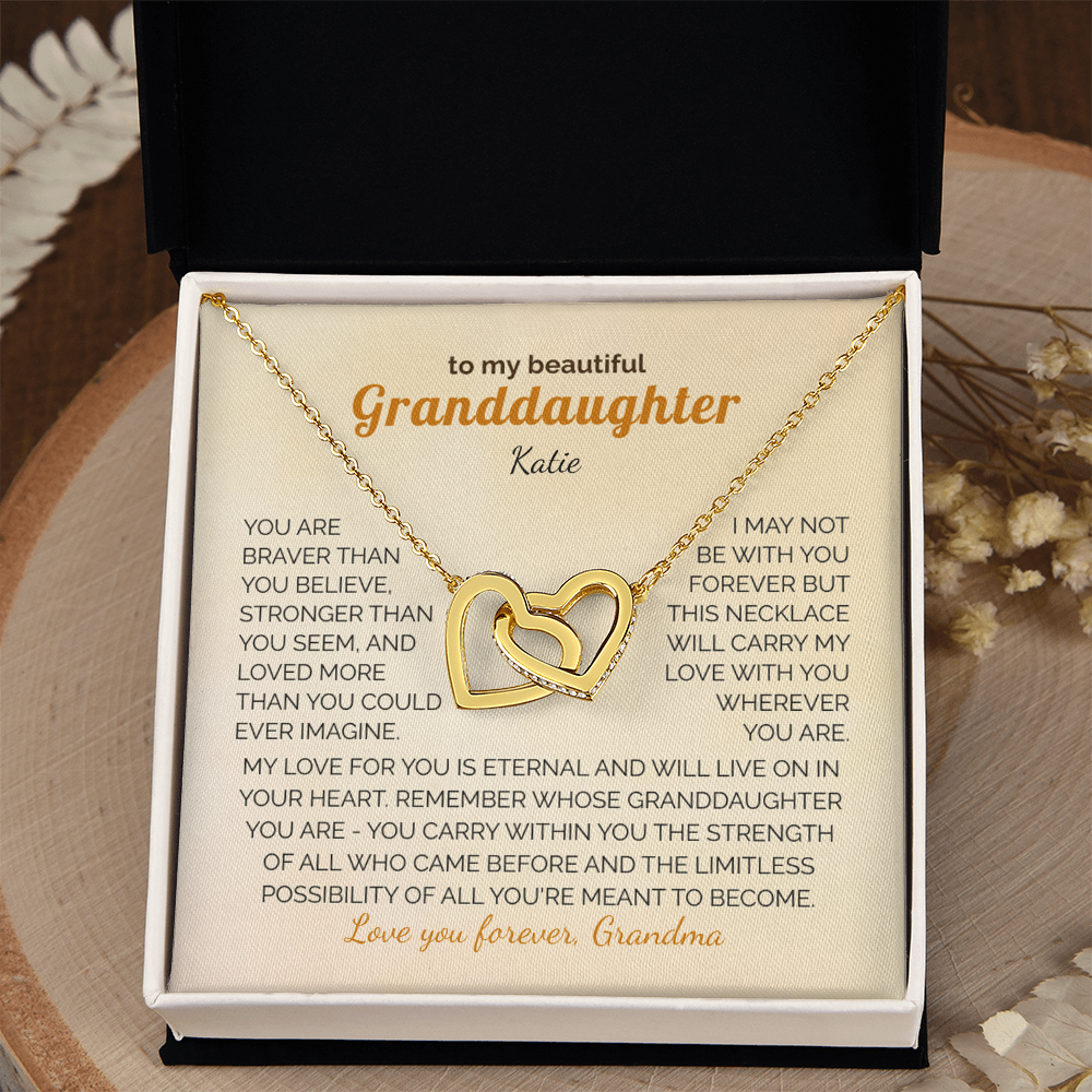 Personalized Granddaughter Gift Necklace - Interlocking Hearts Necklace with Message from Grandma or Grandpa