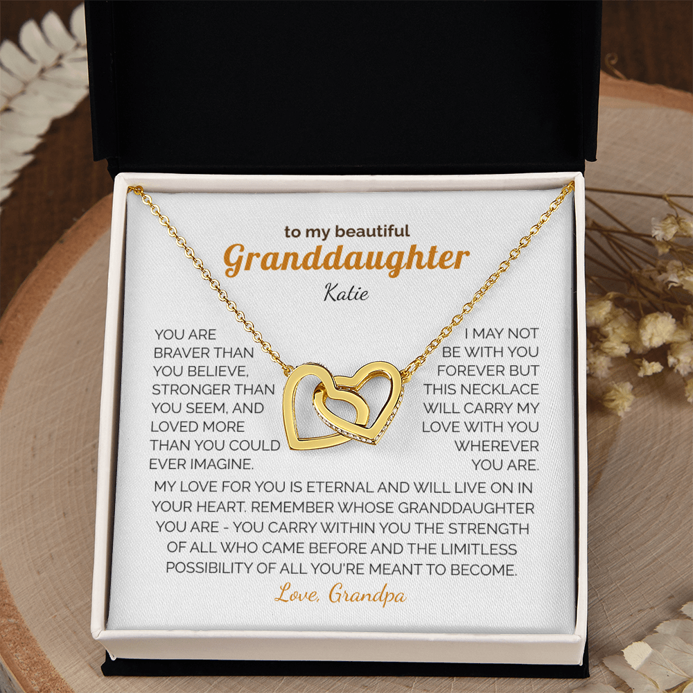 Personalized Granddaughter Gift Necklace - Interlocking Hearts Necklace with Message from Grandma or Grandpa (white card)
