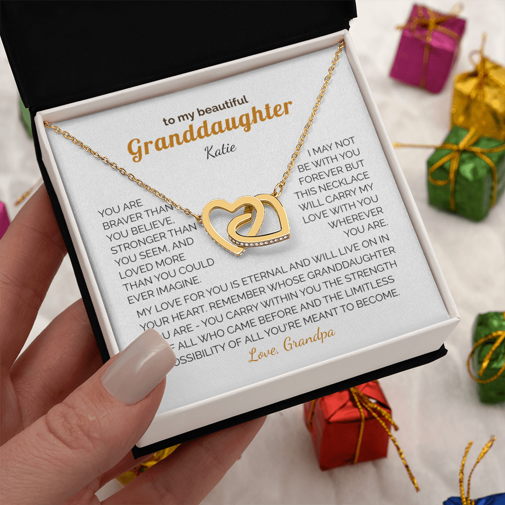 Personalized Granddaughter Gift Necklace - Interlocking Hearts Necklace with Message from Grandma or Grandpa (white card)
