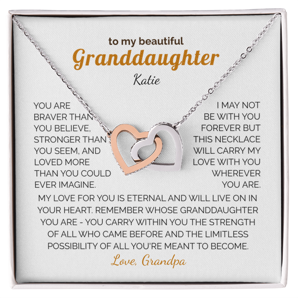 Personalized Granddaughter Gift Necklace - Interlocking Hearts Necklace with Message from Grandma or Grandpa (white card)