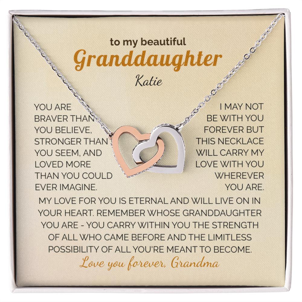 Personalized Granddaughter Gift Necklace - Interlocking Hearts Necklace with Message from Grandma or Grandpa