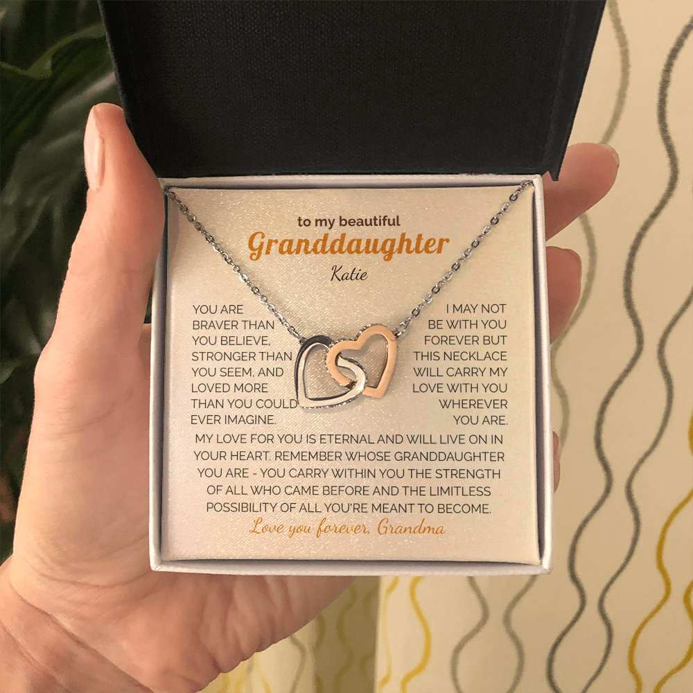 Personalized Granddaughter Gift Necklace - Interlocking Hearts Necklace with Message from Grandma or Grandpa