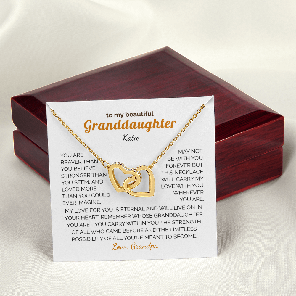 Personalized Granddaughter Gift Necklace - Interlocking Hearts Necklace with Message from Grandma or Grandpa (white card)
