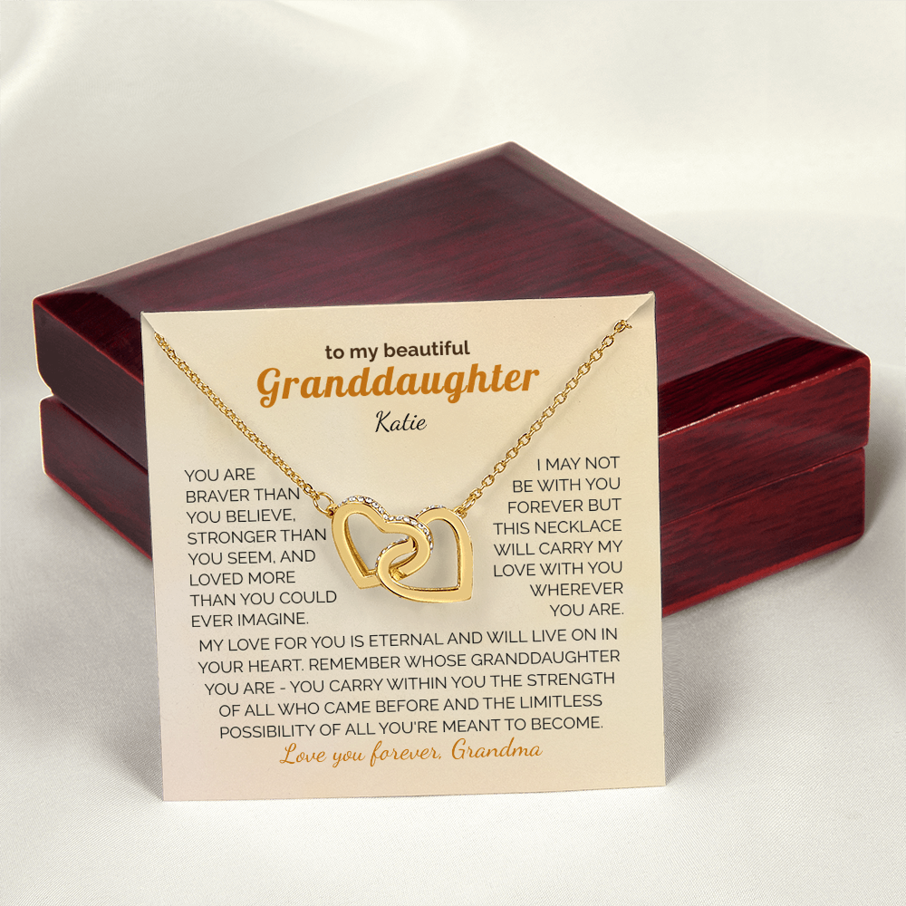 Personalized Granddaughter Gift Necklace - Interlocking Hearts Necklace with Message from Grandma or Grandpa