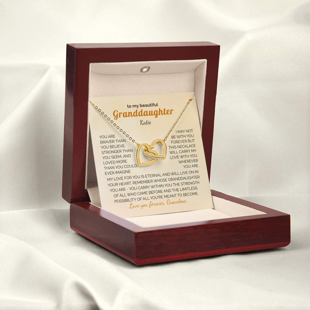 Personalized Granddaughter Gift Necklace - Interlocking Hearts Necklace with Message from Grandma or Grandpa