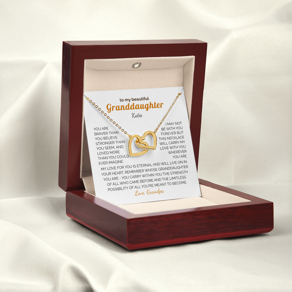 Personalized Granddaughter Gift Necklace - Interlocking Hearts Necklace with Message from Grandma or Grandpa (white card)