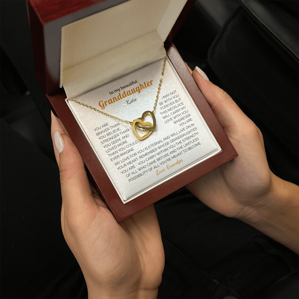 Personalized Granddaughter Gift Necklace - Interlocking Hearts Necklace with Message from Grandma or Grandpa (white card)