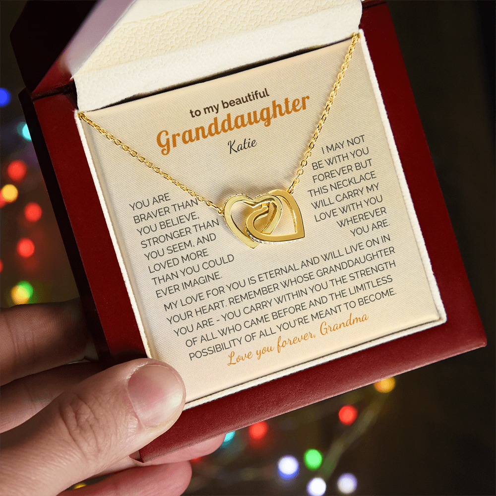Personalized Granddaughter Gift Necklace - Interlocking Hearts Necklace with Message from Grandma or Grandpa