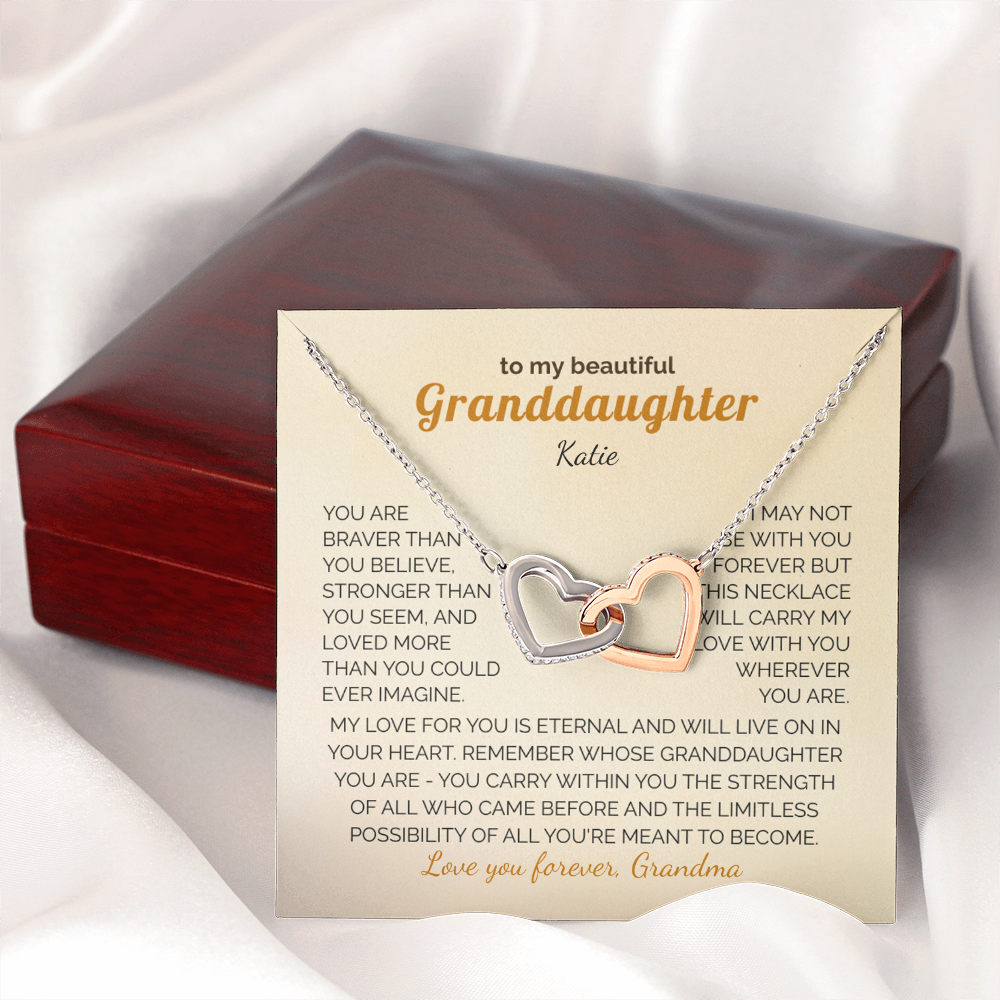 Personalized Granddaughter Gift Necklace - Interlocking Hearts Necklace with Message from Grandma or Grandpa