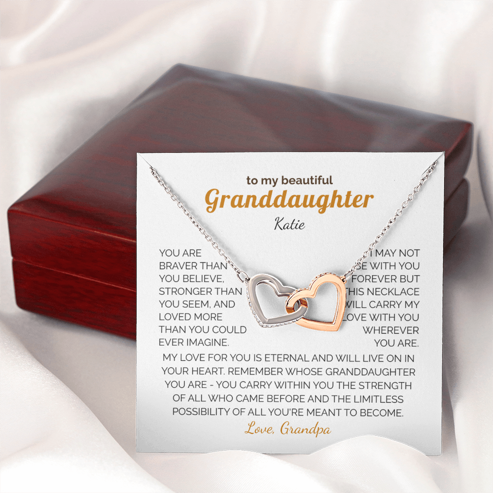 Personalized Granddaughter Gift Necklace - Interlocking Hearts Necklace with Message from Grandma or Grandpa (white card)