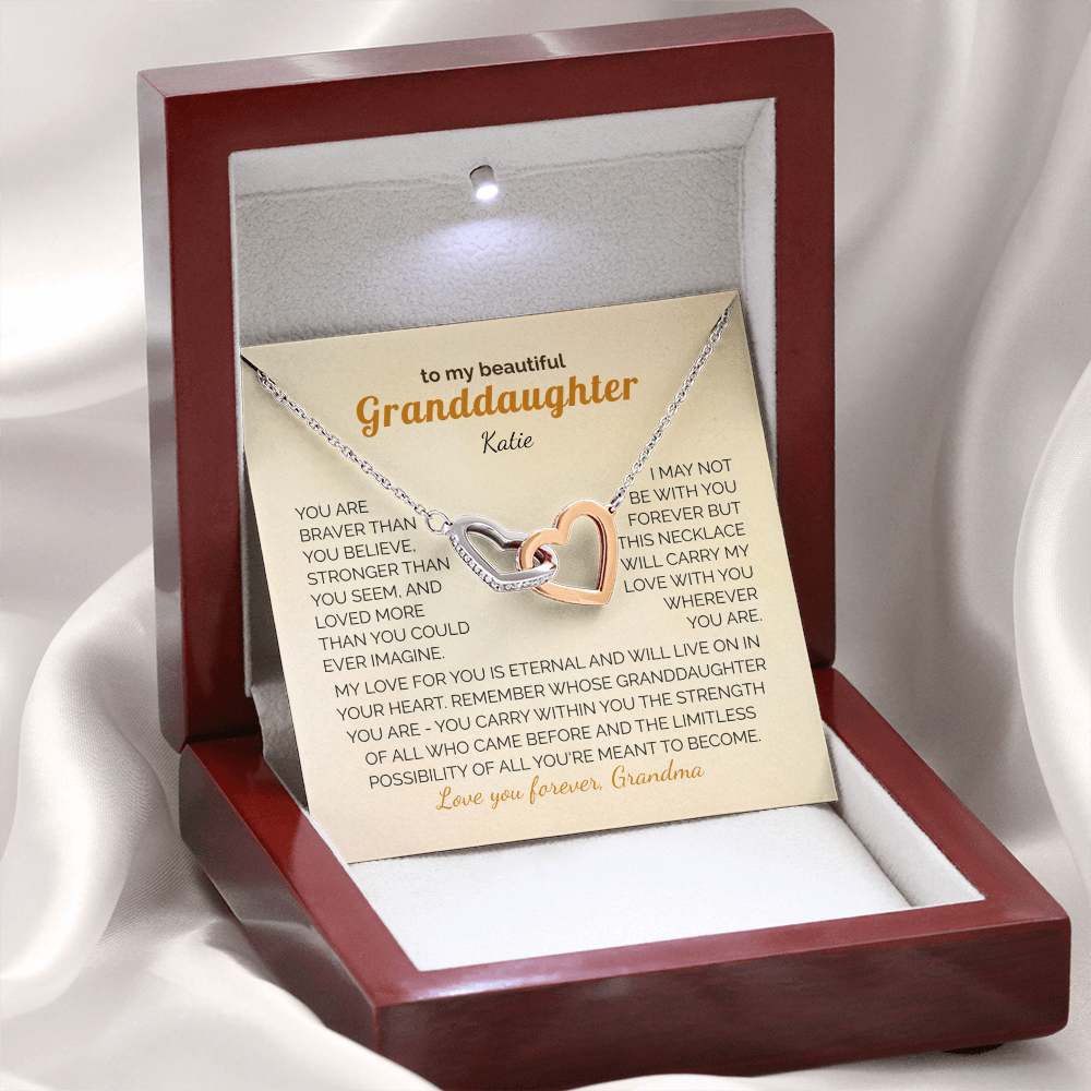 Personalized Granddaughter Gift Necklace - Interlocking Hearts Necklace with Message from Grandma or Grandpa