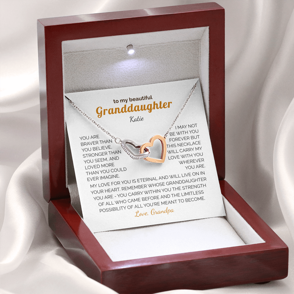 Personalized Granddaughter Gift Necklace - Interlocking Hearts Necklace with Message from Grandma or Grandpa (white card)