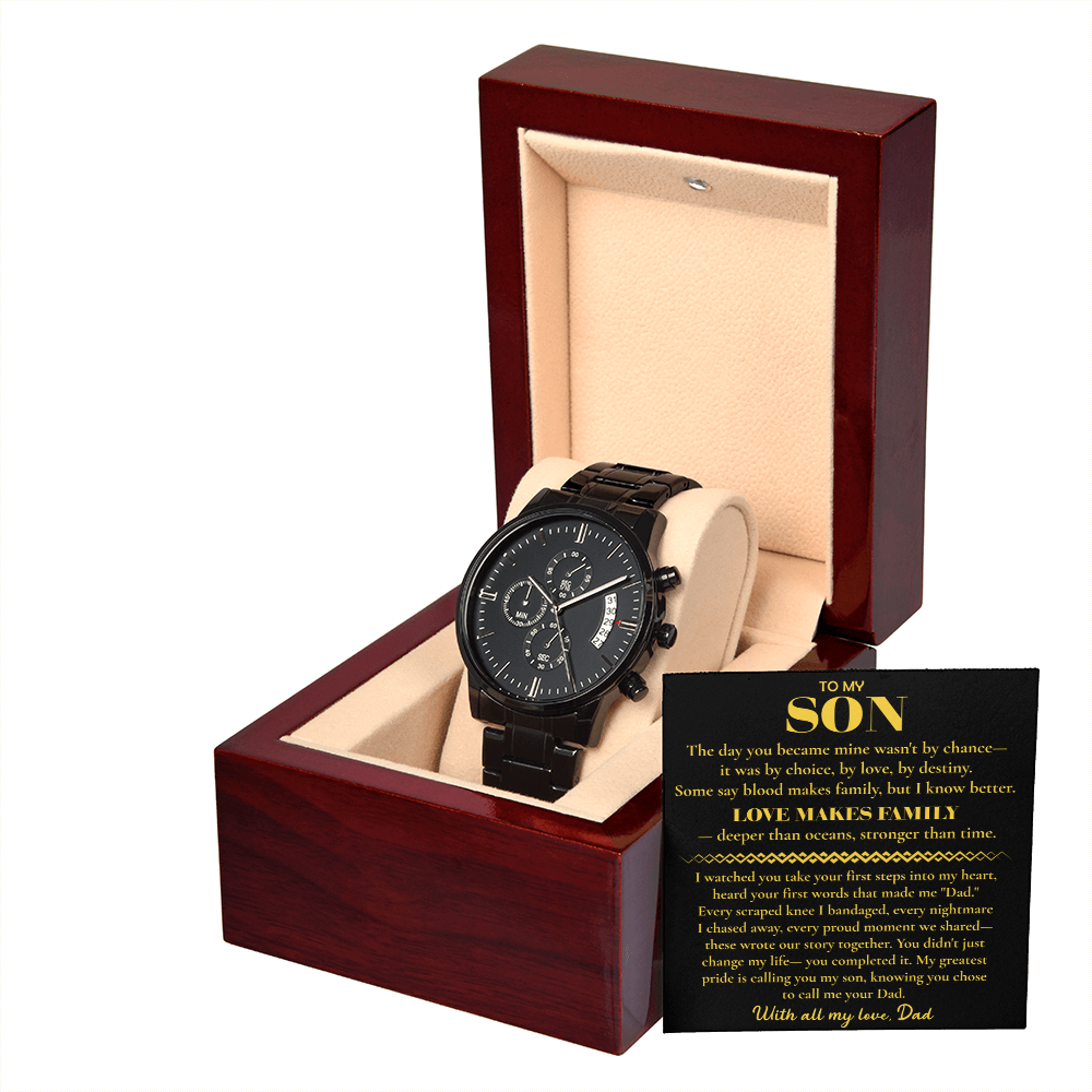 Watch for Adopted Son from Dad — “Love Makes Family” Adoption Keepsake Gift — Sentimental Father to Son Gift — Black Chronograph Watch
