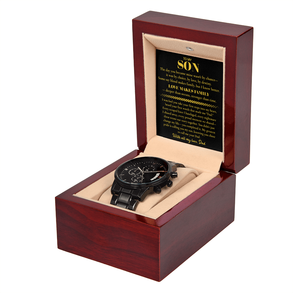 Watch for Adopted Son from Dad — “Love Makes Family” Adoption Keepsake Gift — Sentimental Father to Son Gift — Black Chronograph Watch