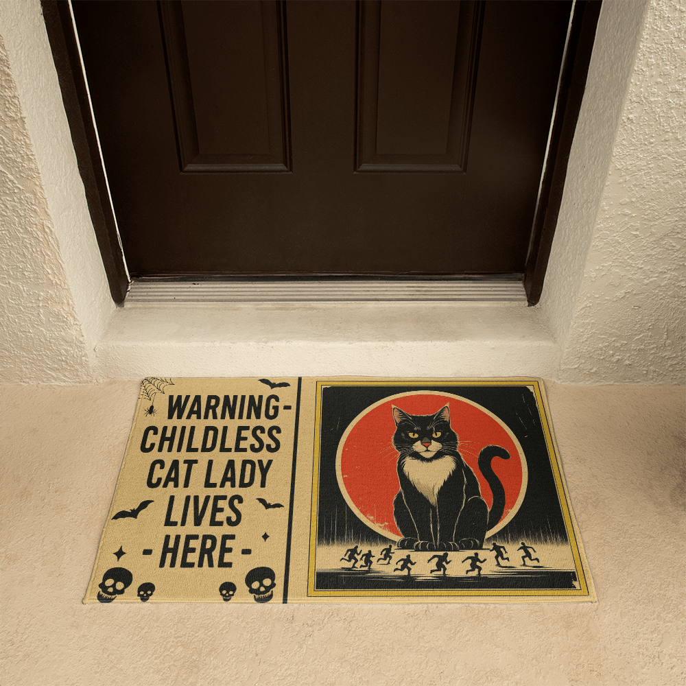 Funny Halloween Doormat – ''WARNING: Childless Cat Lady Lives Here'' – Spooky Witchy Black Cat Welcome Mat for Cat Moms & Child-Free Home Decor