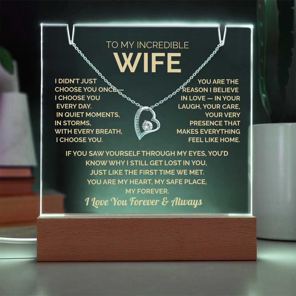 Acrylic Plaque & Heart Necklace – Romantic Gift for Wife – Anniversary, Birthday, Christmas