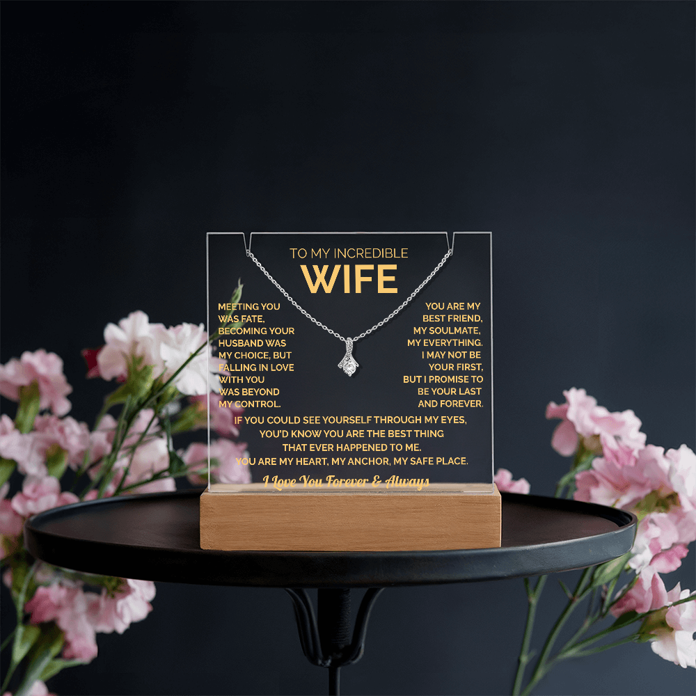 To My Wife Acrylic Plaque & Timeless Necklace: Heartfelt Gift for Wife, Anniversary & Birthday Keepsake, Christmas Gift Idea Husband to Wife