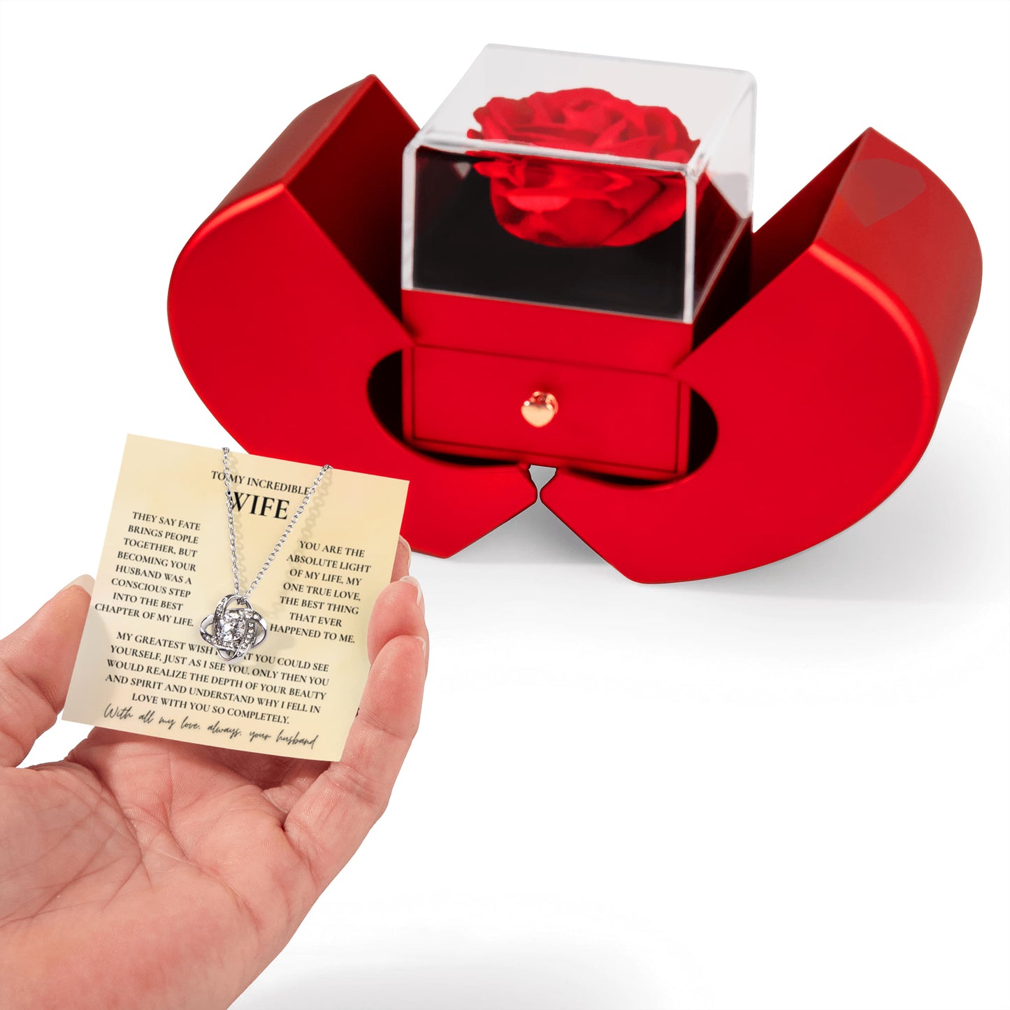 To My Wife Necklace with Red Rose Gift Box & Message Card — Romantic Love Knot Pendant for Anniversary, Birthday & Valentine's Day
