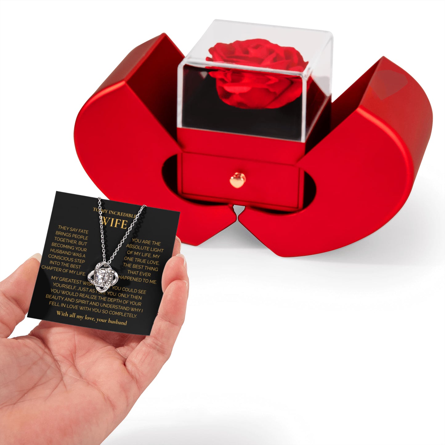 ''To My Wife" Love Knot Necklace – Elegant Red Rose Gift Box with Heartfelt Message