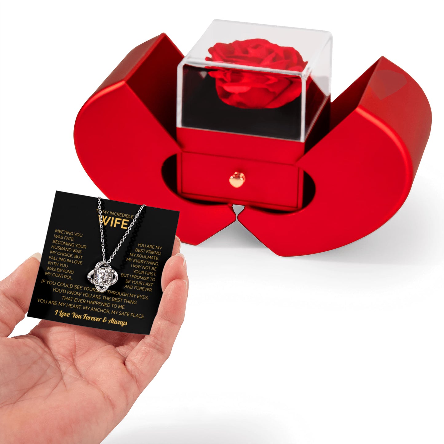 ''To My Wife'' Love Knot Necklace – Elegant Red Rose Gift Box with Heartfelt Message for Christmas, Birthday or Anniversary