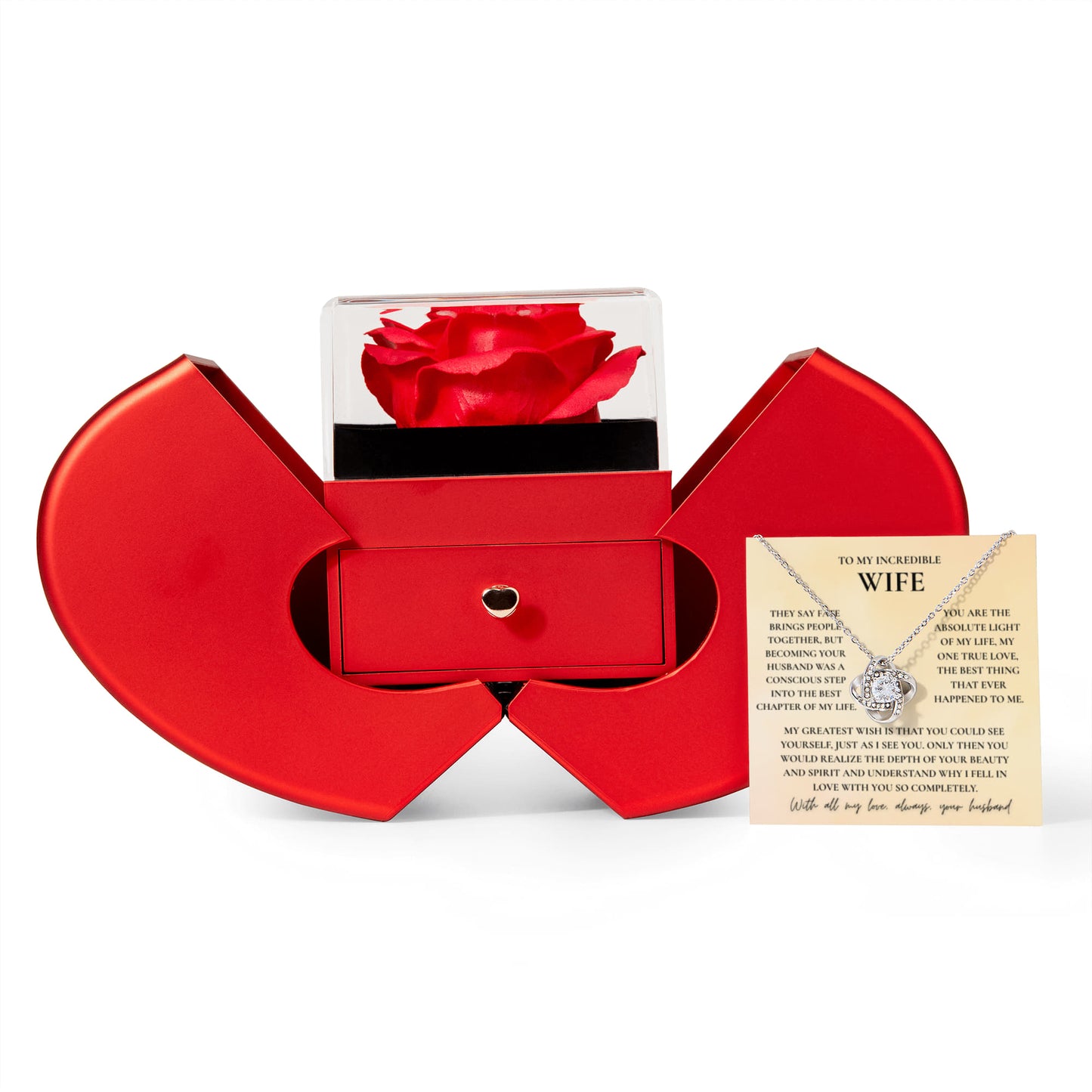 To My Wife Necklace with Red Rose Gift Box & Message Card — Romantic Love Knot Pendant for Anniversary, Birthday & Valentine's Day