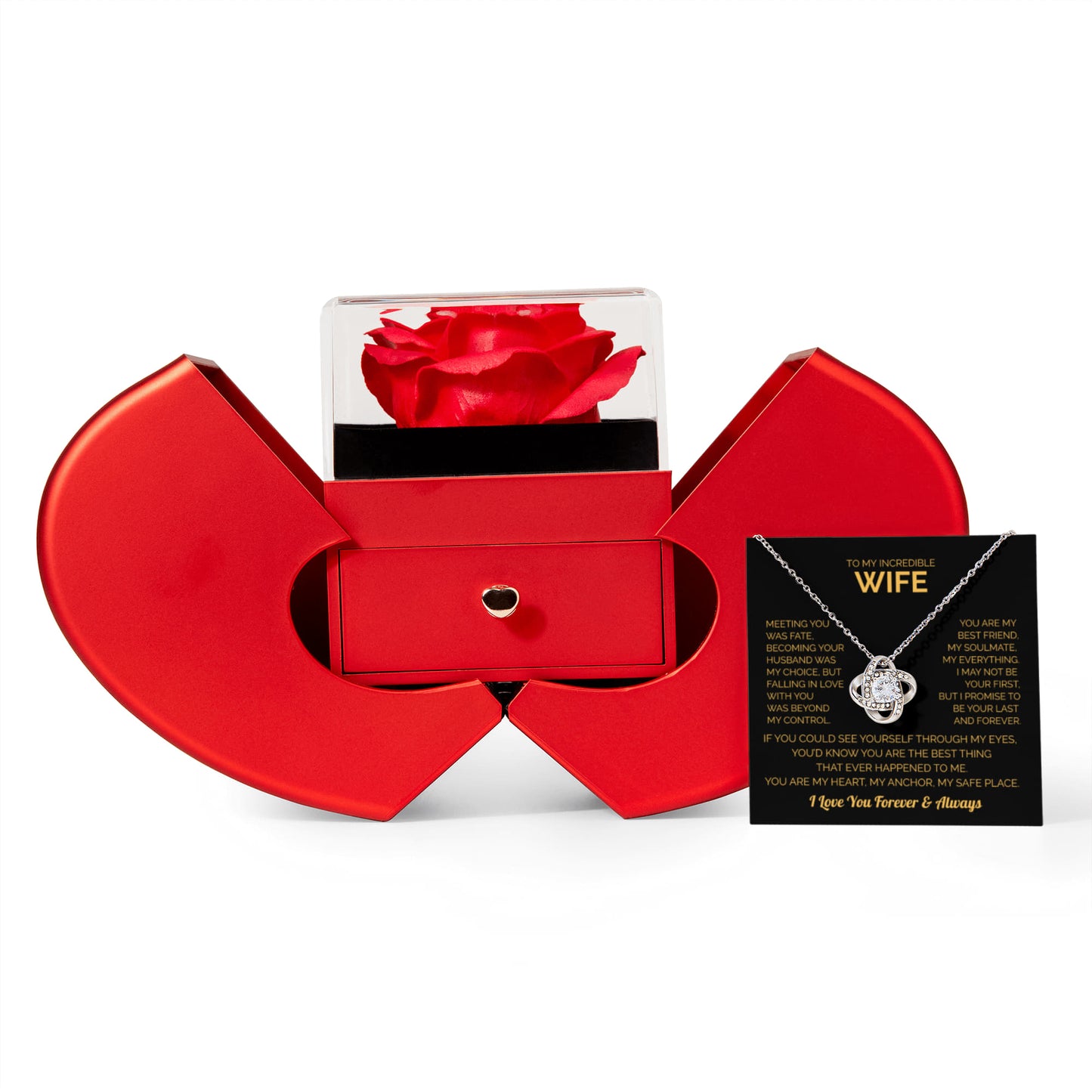 ''To My Wife'' Love Knot Necklace – Elegant Red Rose Gift Box with Heartfelt Message for Christmas, Birthday or Anniversary