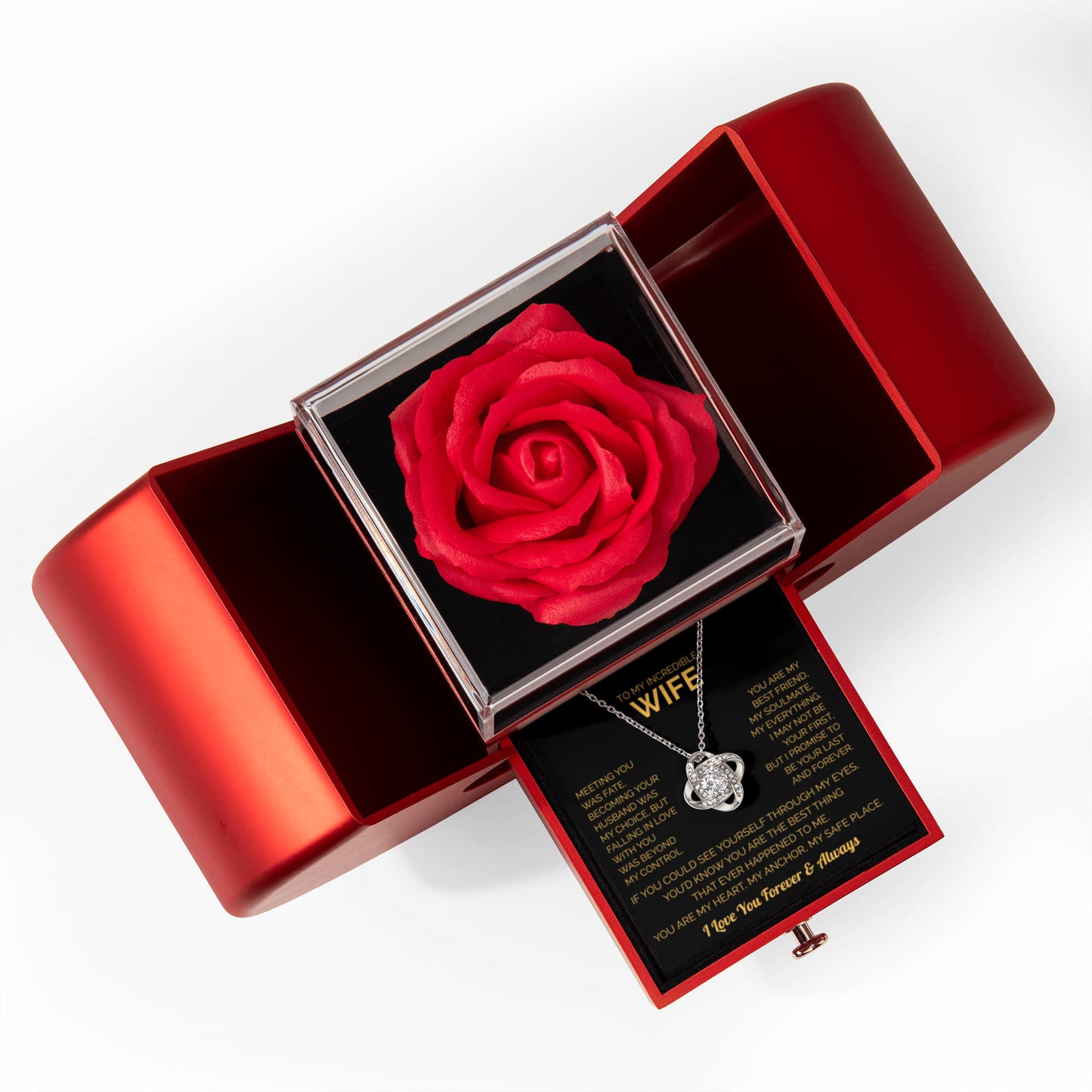 ''To My Wife'' Love Knot Necklace – Elegant Red Rose Gift Box with Heartfelt Message for Christmas, Birthday or Anniversary