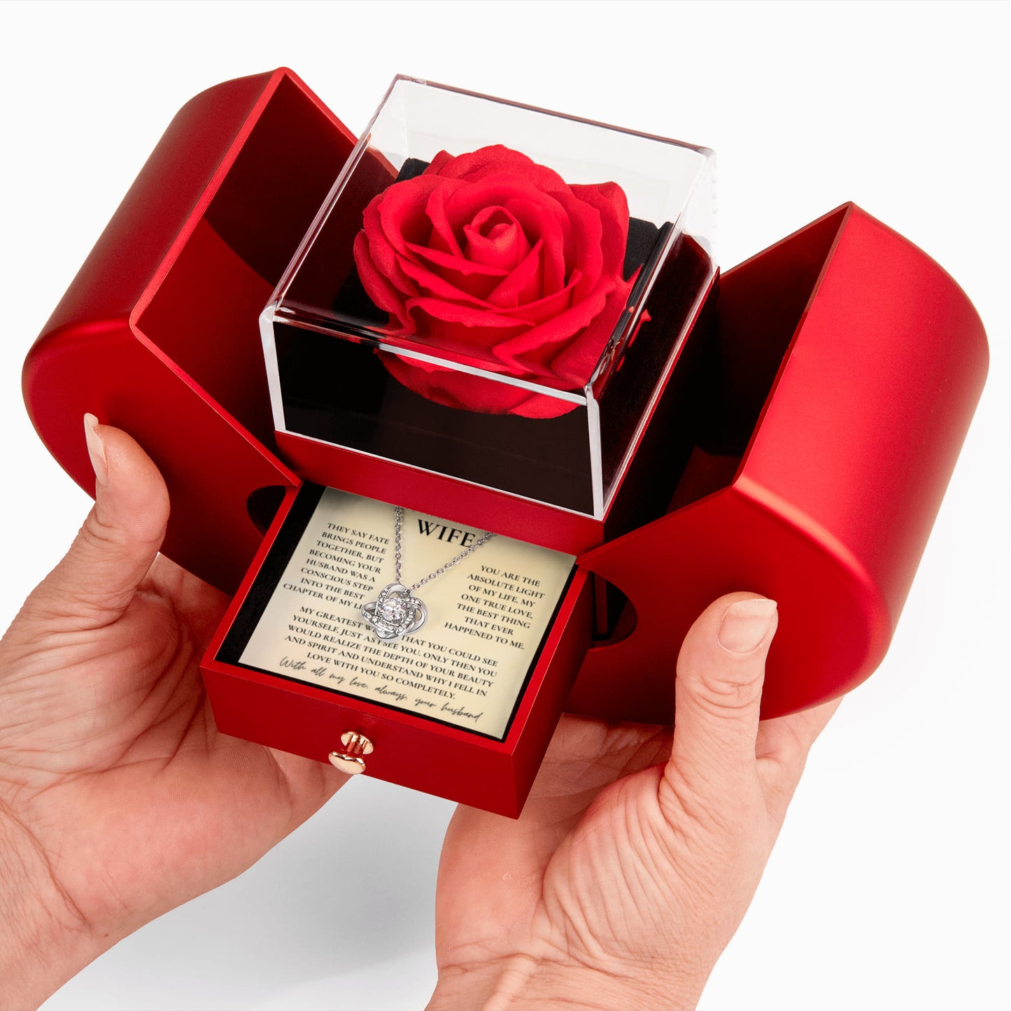 To My Wife Necklace with Red Rose Gift Box & Message Card — Romantic Love Knot Pendant for Anniversary, Birthday & Valentine's Day