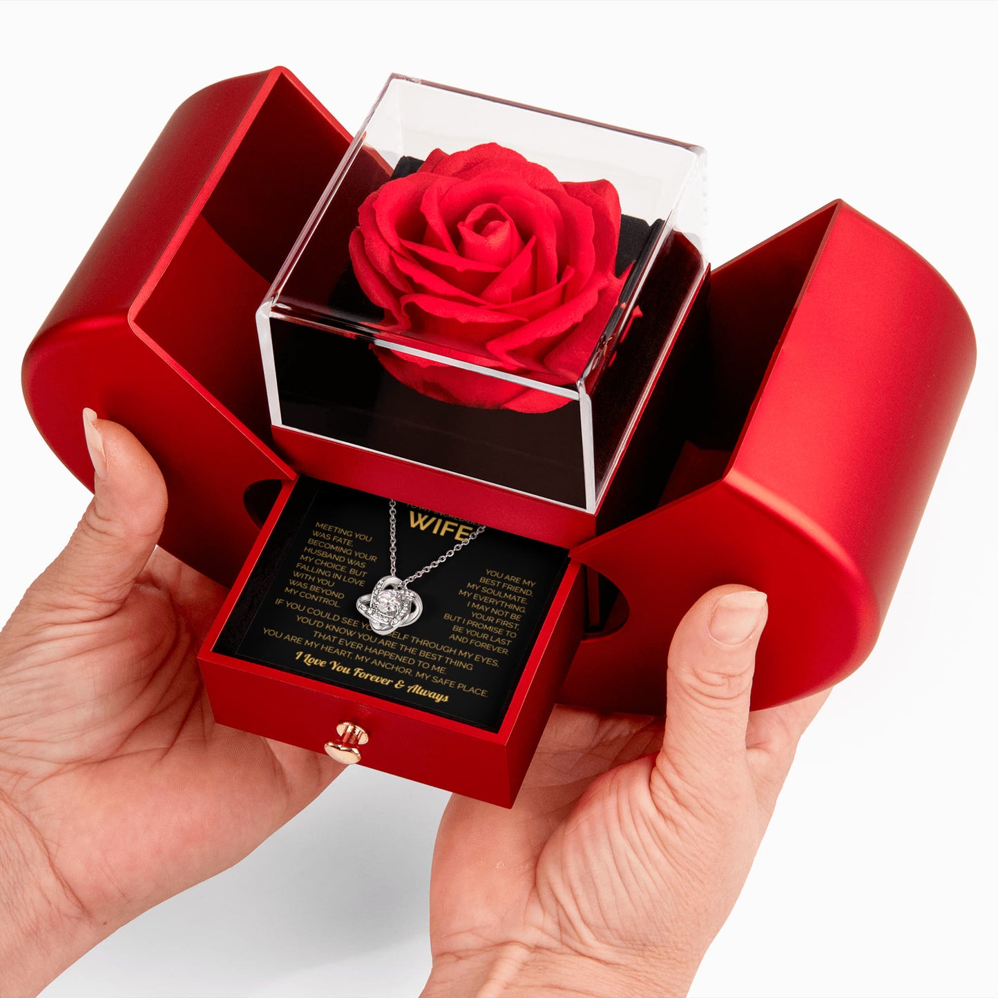 ''To My Wife'' Love Knot Necklace – Elegant Red Rose Gift Box with Heartfelt Message for Christmas, Birthday or Anniversary