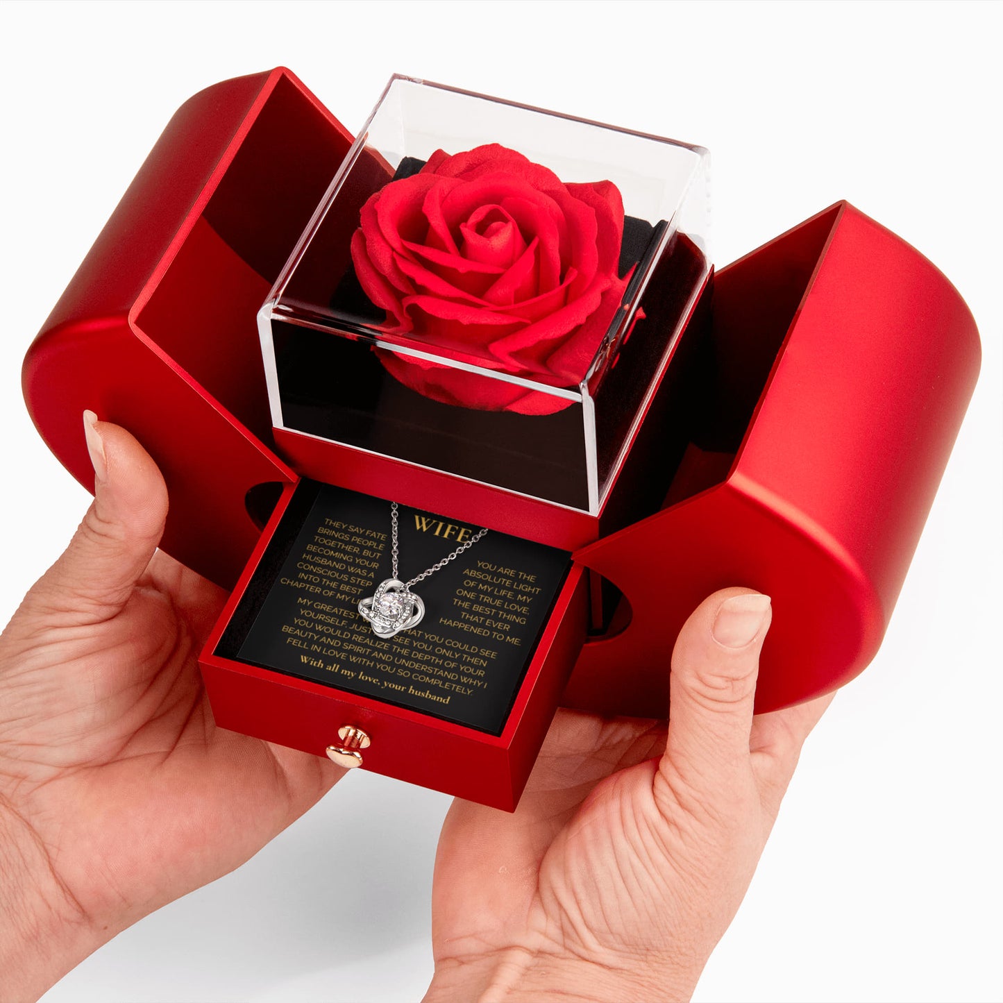 ''To My Wife" Love Knot Necklace – Elegant Red Rose Gift Box with Heartfelt Message