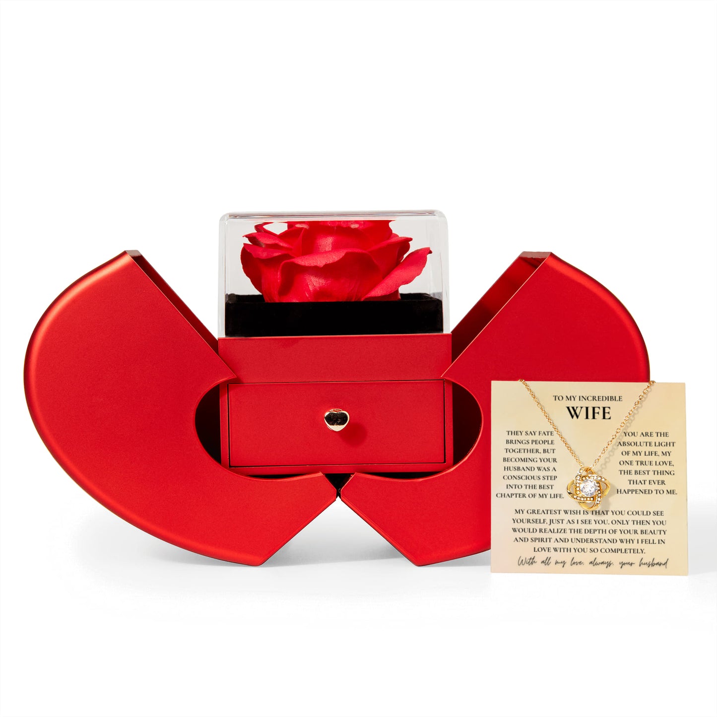 To My Wife Necklace with Red Rose Gift Box & Message Card — Romantic Love Knot Pendant for Anniversary, Birthday & Valentine's Day