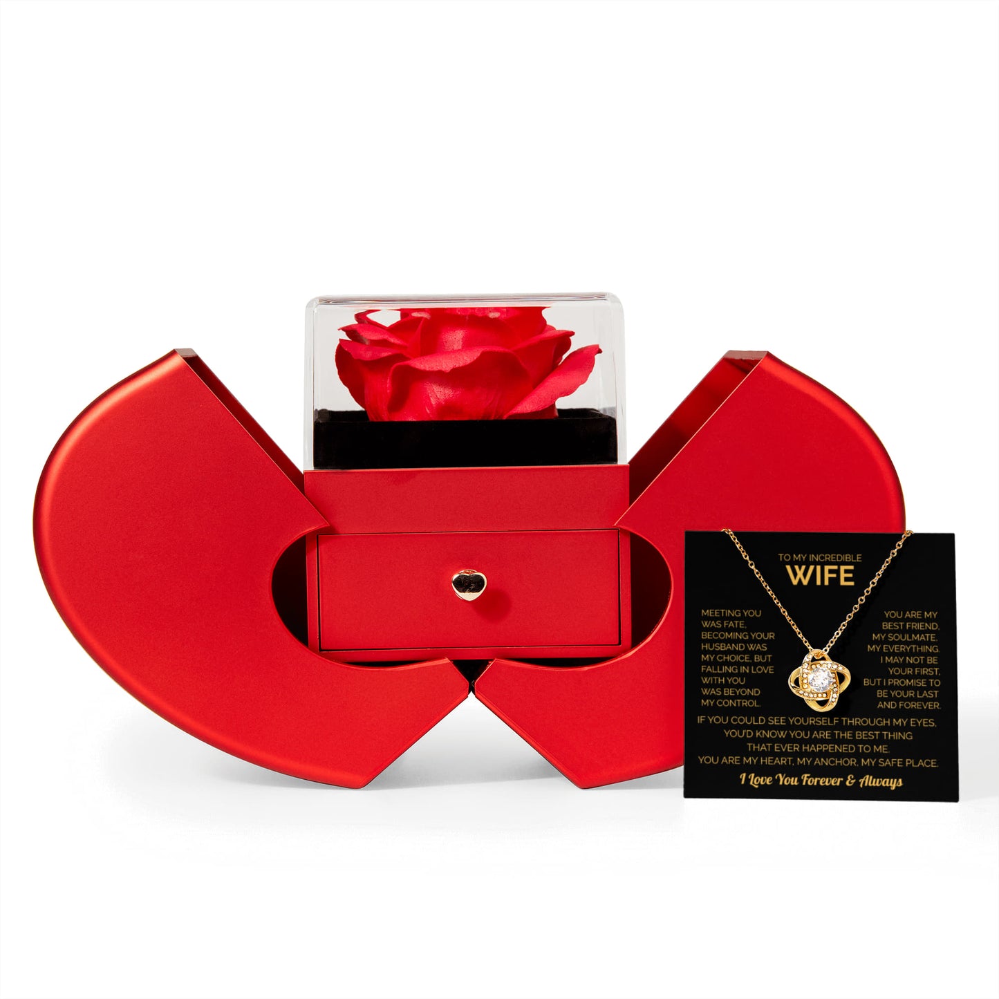''To My Wife'' Love Knot Necklace – Elegant Red Rose Gift Box with Heartfelt Message for Christmas, Birthday or Anniversary