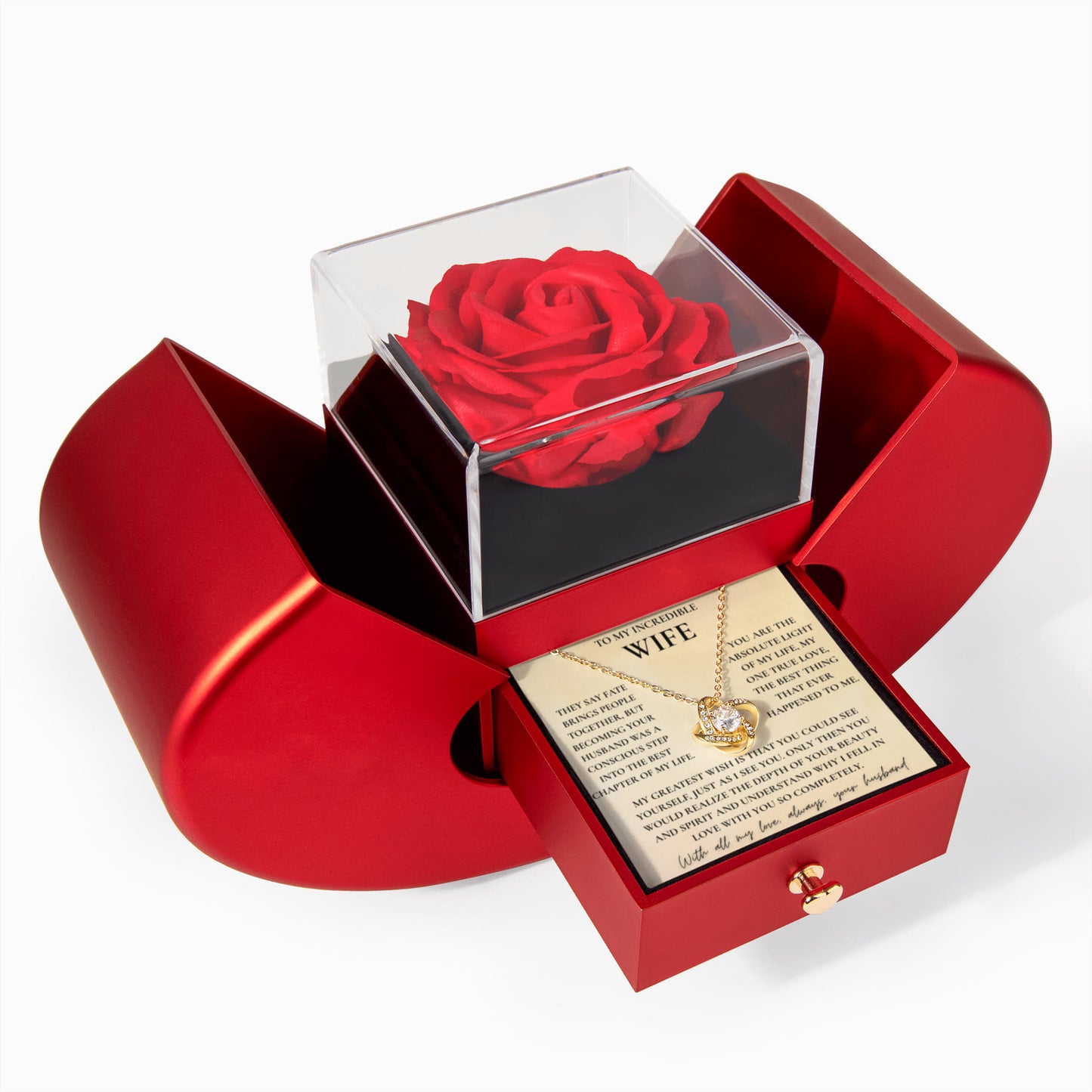 To My Wife Necklace with Red Rose Gift Box & Message Card — Romantic Love Knot Pendant for Anniversary, Birthday & Valentine's Day