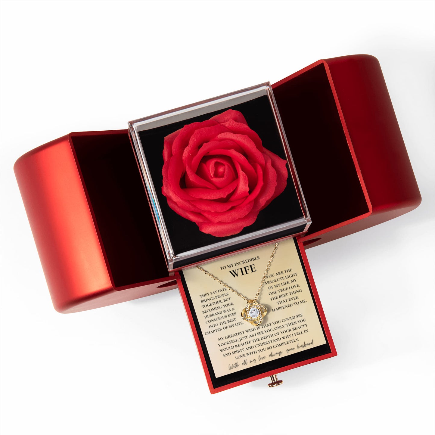 To My Wife Necklace with Red Rose Gift Box & Message Card — Romantic Love Knot Pendant for Anniversary, Birthday & Valentine's Day