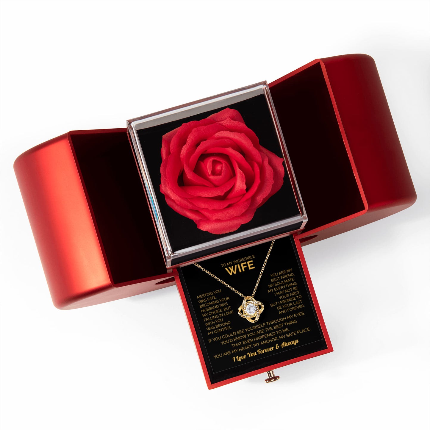 ''To My Wife'' Love Knot Necklace – Elegant Red Rose Gift Box with Heartfelt Message for Christmas, Birthday or Anniversary