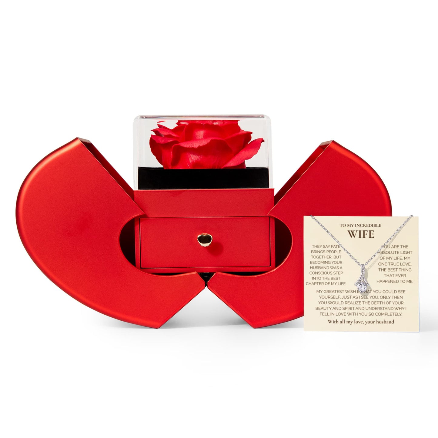 To My Wife" Necklace with Heartfelt Message – Luxury Heart-Shaped Gift Box & Rose