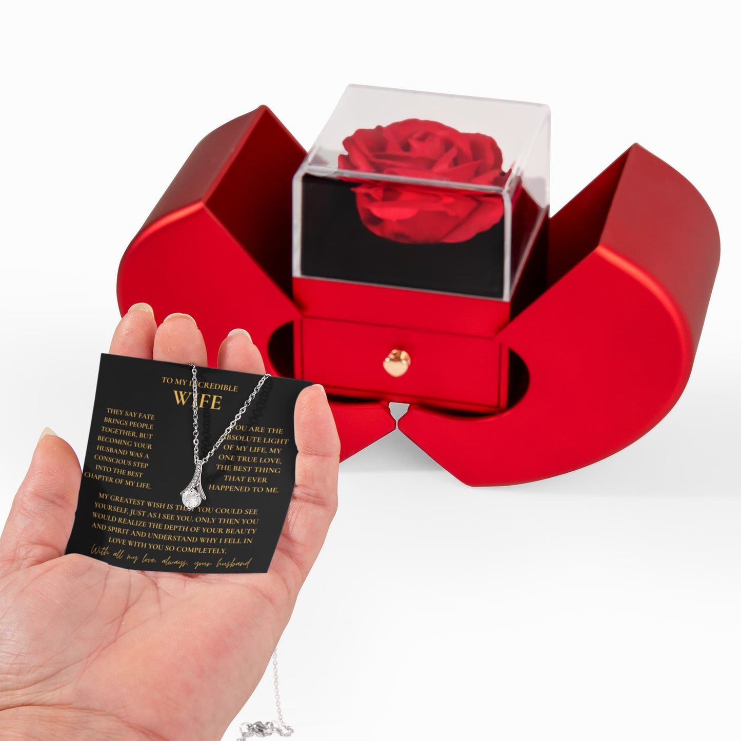 To My Wife Necklace — Romantic Message Necklace with Red Heart Gift Box | Anniversary & Valentine's Gift