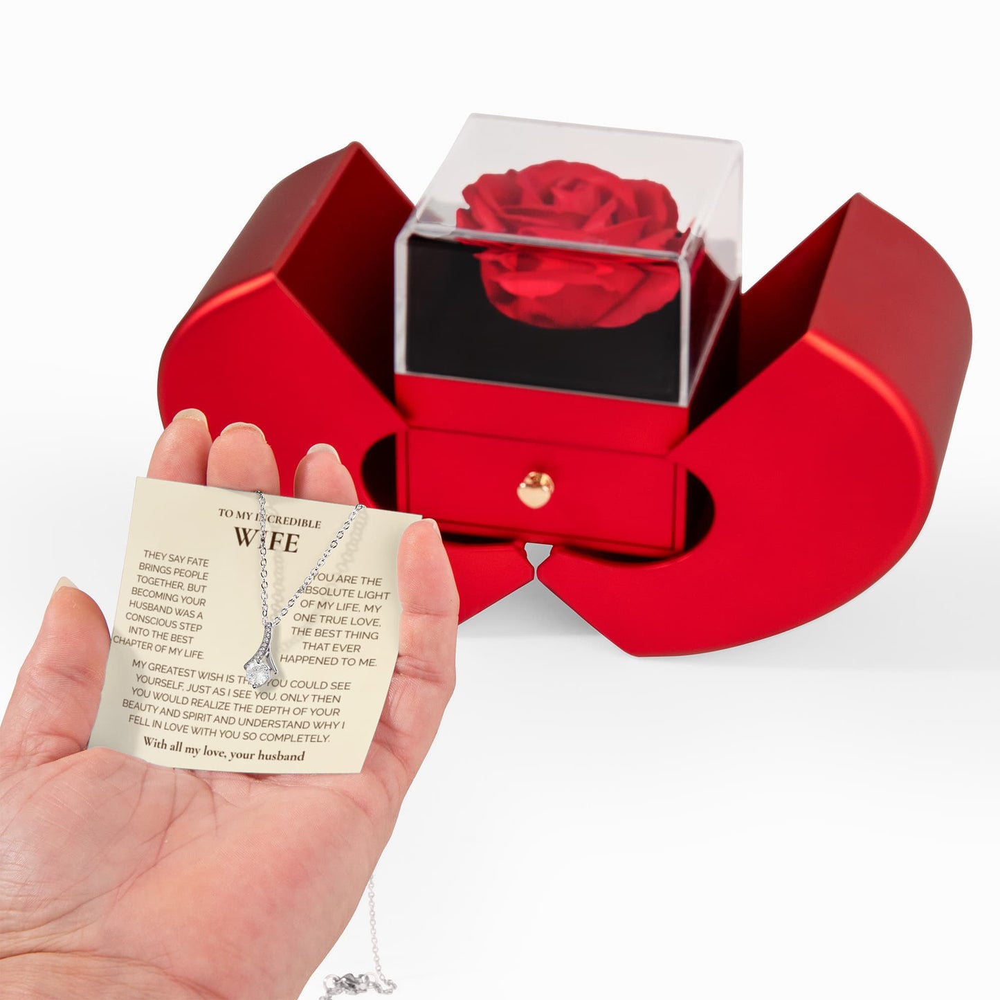 To My Wife" Necklace with Heartfelt Message – Luxury Heart-Shaped Gift Box & Rose