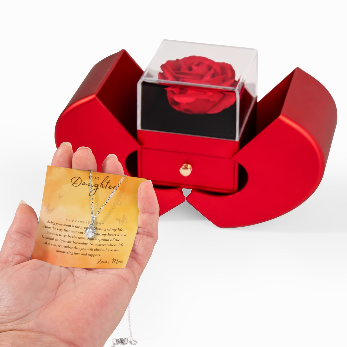 To My Daughter Necklace from Mom – Pendant with Message Card in a Luxury Gift Box & Rose (Perfect for Birthday, Christmas, or Graduation Gift)