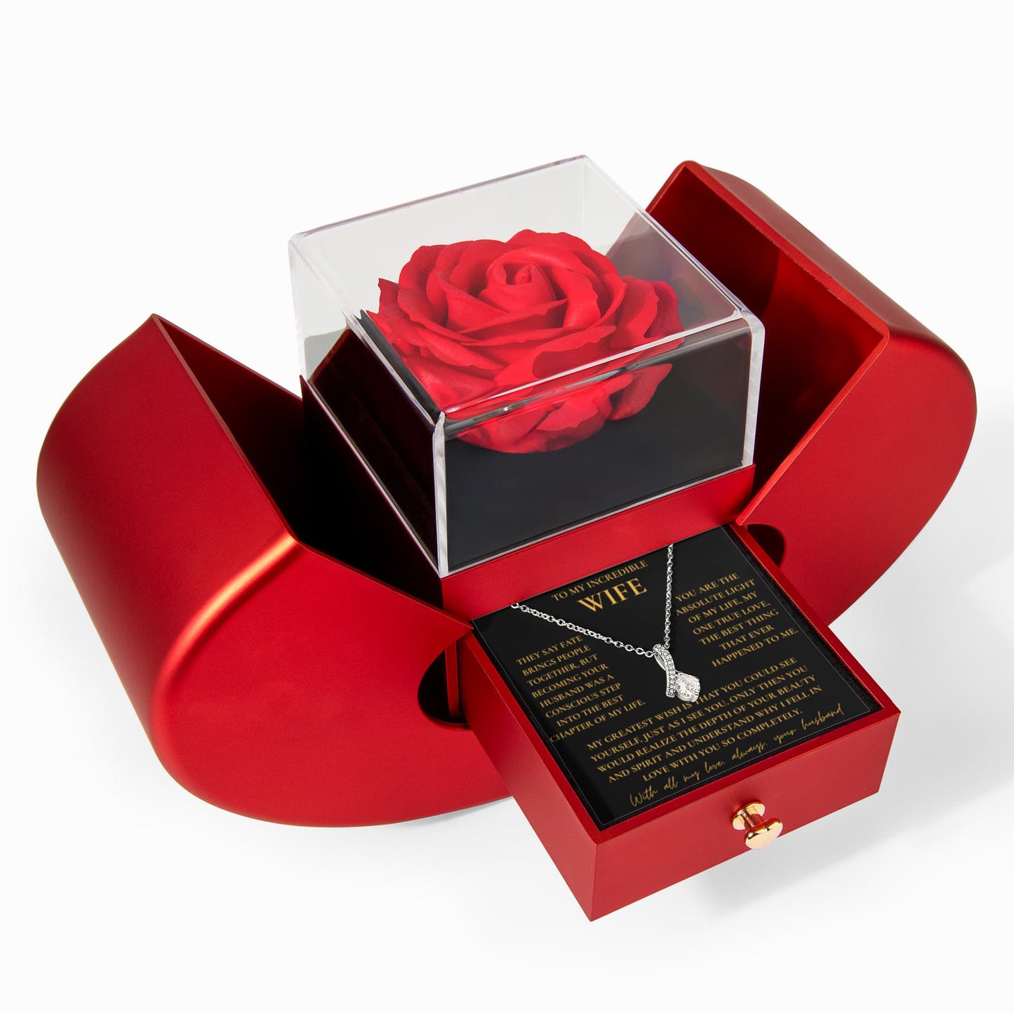 To My Wife Necklace — Romantic Message Necklace with Red Heart Gift Box | Anniversary & Valentine's Gift