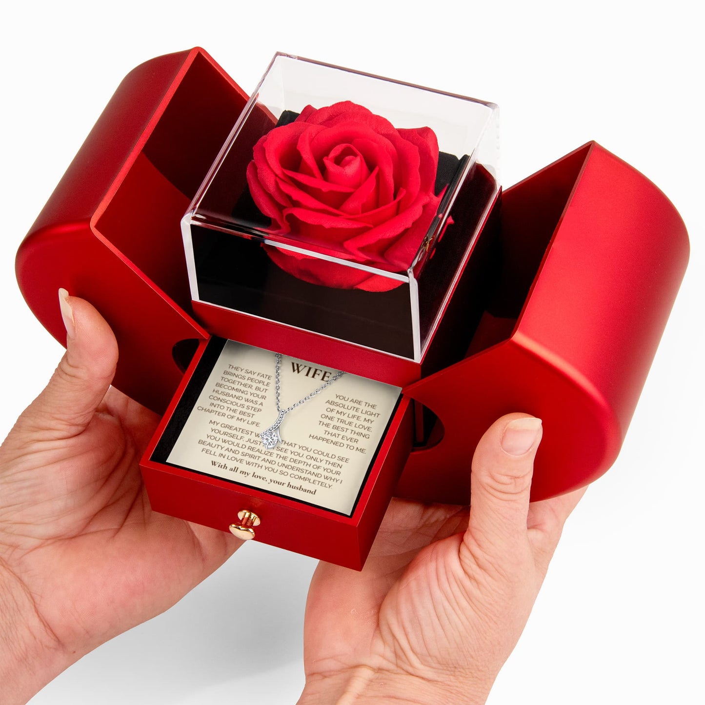 To My Wife" Necklace with Heartfelt Message – Luxury Heart-Shaped Gift Box & Rose