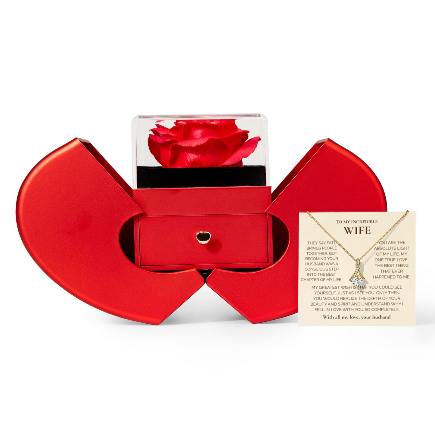To My Wife" Necklace with Heartfelt Message – Luxury Heart-Shaped Gift Box & Rose