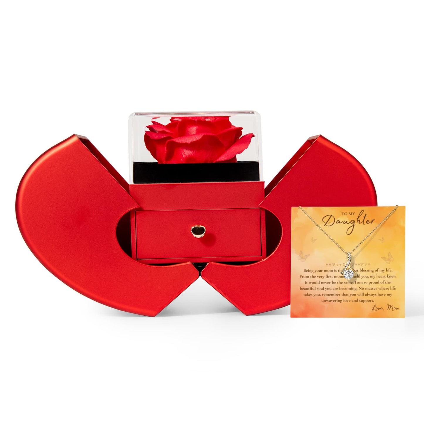 To My Daughter Necklace from Mom – Pendant with Message Card in a Luxury Gift Box & Rose (Perfect for Birthday, Christmas, or Graduation Gift)